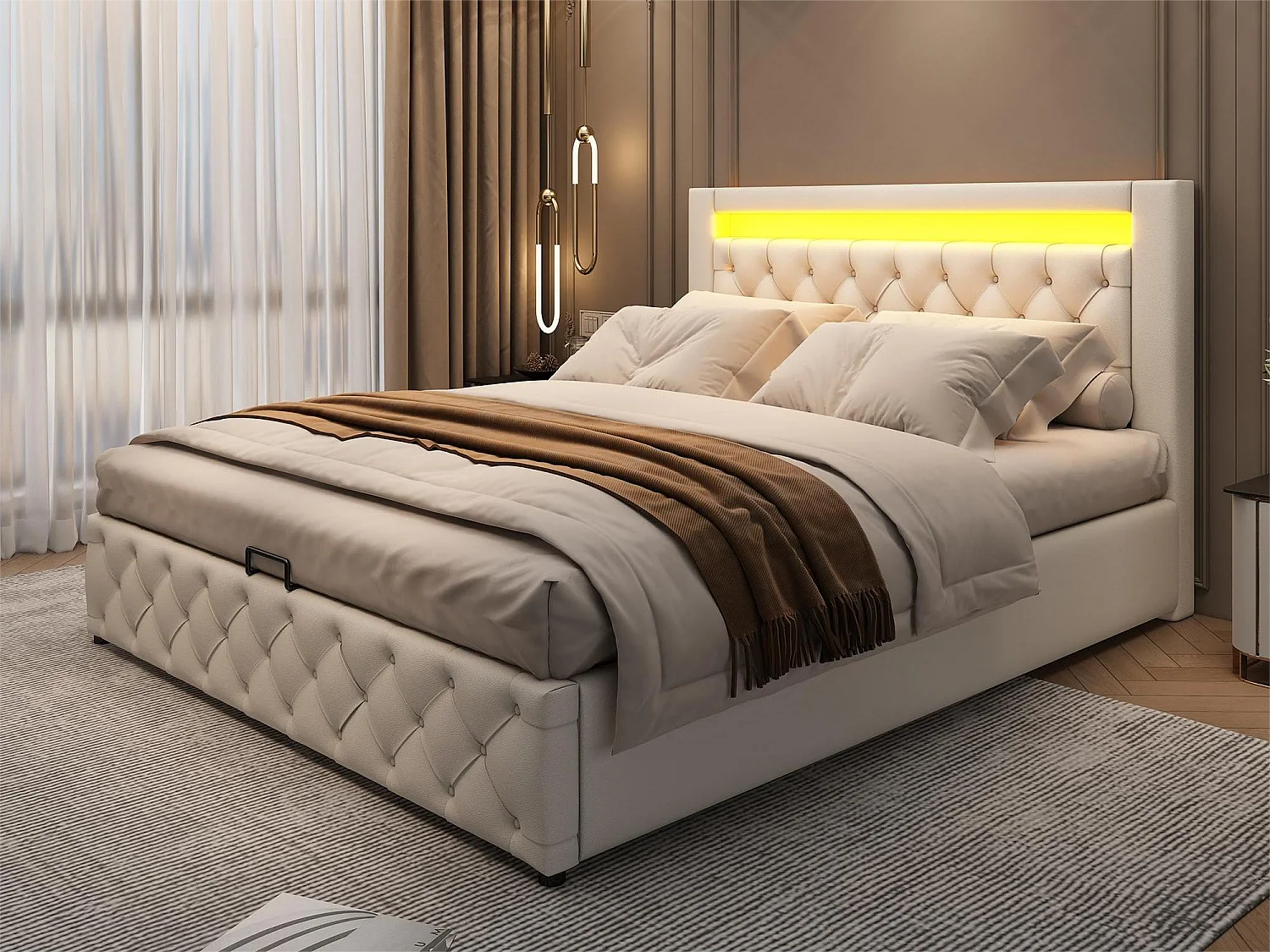 Lit coffre avec tête de lit - 140 x 200 cm - similicuir - LED - sommier à lattes - style moderne - blanc