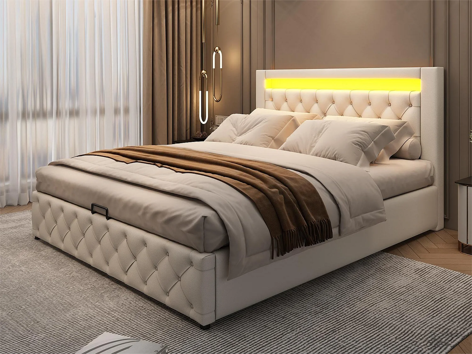 Lit coffre avec tête de lit - 140 x 200 cm - similicuir - LED - sommier à lattes - style moderne - blanc