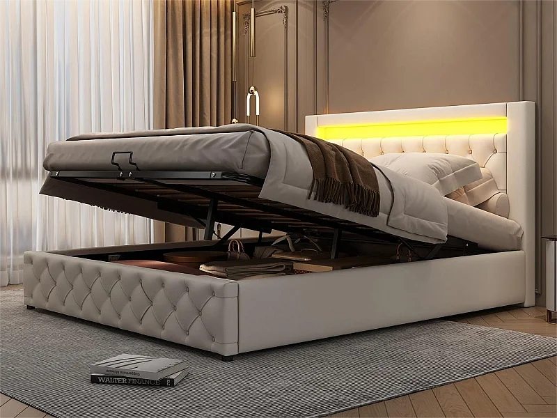 Opbergbed met hoofdeinde - 140 x 200 cm - kunstleer - LED - lattenbodem - moderne stijl - wit