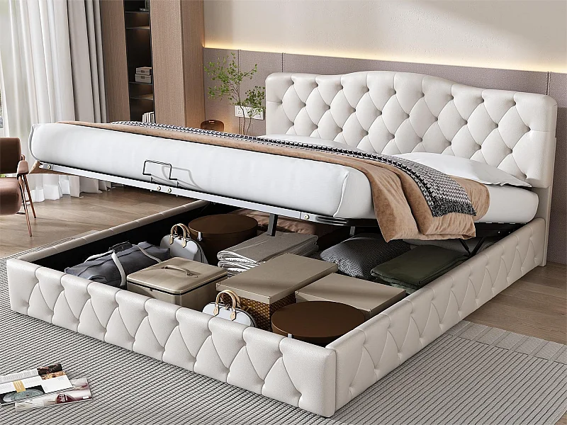 Bettkasten mit verstellbarem Kopfteil – 180 x 200 cm – Kunstleder – LED – Lattenrost – moderner Stil – Weiß