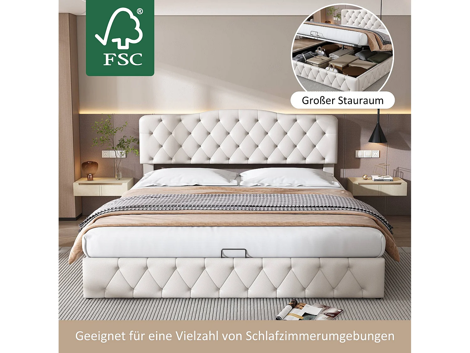 Bettkasten mit verstellbarem Kopfteil – 180 x 200 cm – Kunstleder – LED – Lattenrost – moderner Stil – Weiß