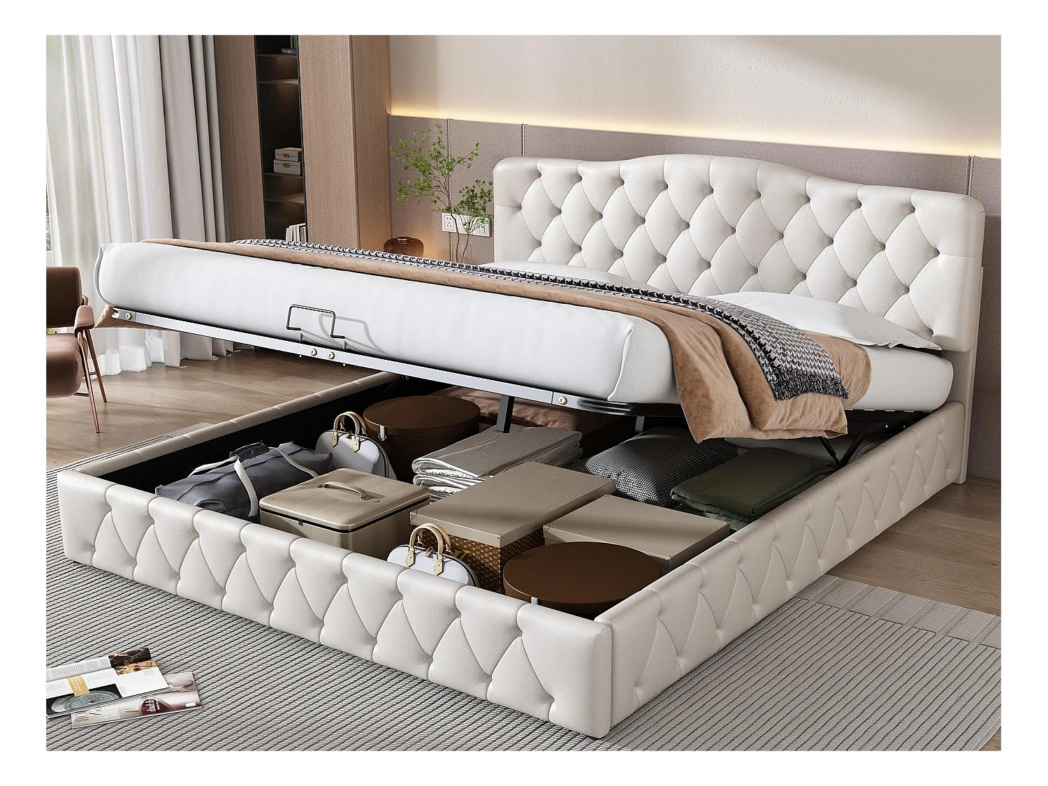 Lit coffre avec tête de lit réglable - 180 x 200 cm - similicuir - LED - sommier à lattes - style moderne - blanc