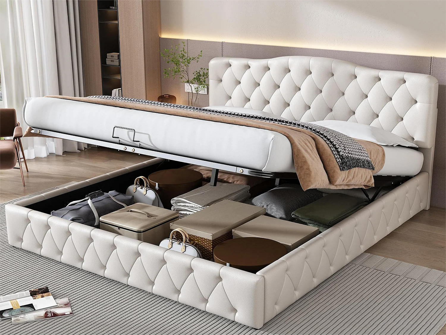 Opbergbed met verstelbaar hoofdeinde - 180 x 200 cm - kunstleer - LED - lattenbodem - moderne stijl - wit