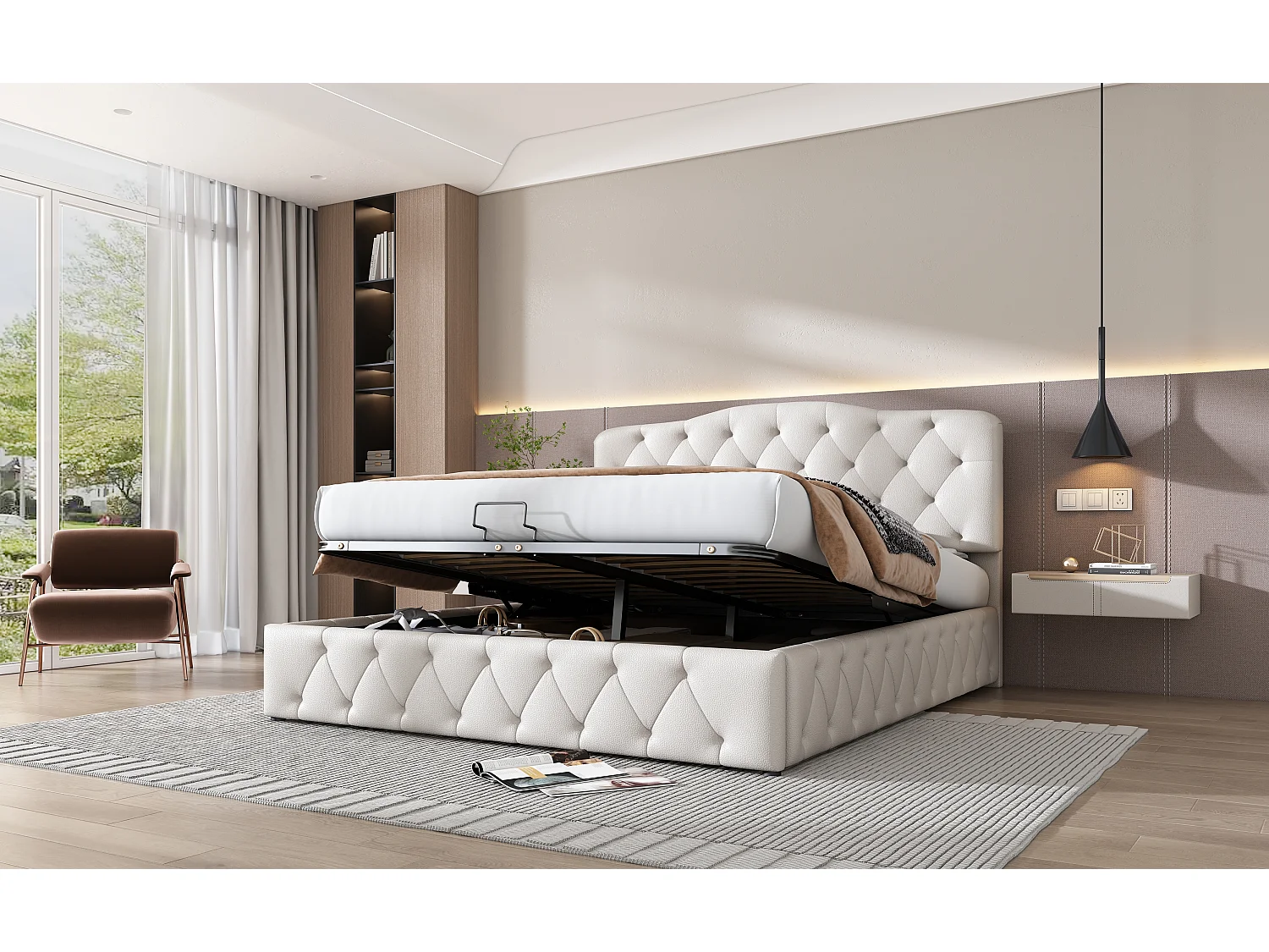 Opbergbed met hoofdeinde bekleed met PU-leer - 140 x 200 cm - Scandinavische stijl - voor volwassenen - Wit