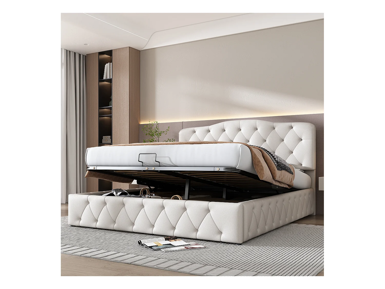 Lit coffre avec tête de lit rembourré en cuir PU - 140 x 200 cm - Style scandinave - pour audulte - Blanc