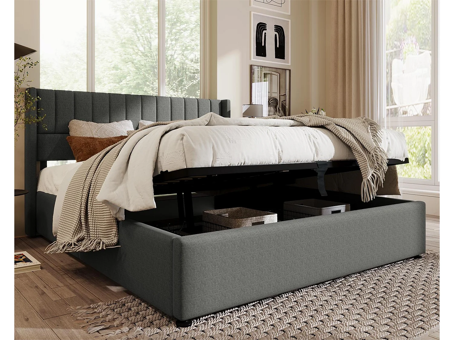 Cama de armazenamento com cabeceira - 160 x 200 cm - tecido de linho - base de ripas de madeira maciça - cinza