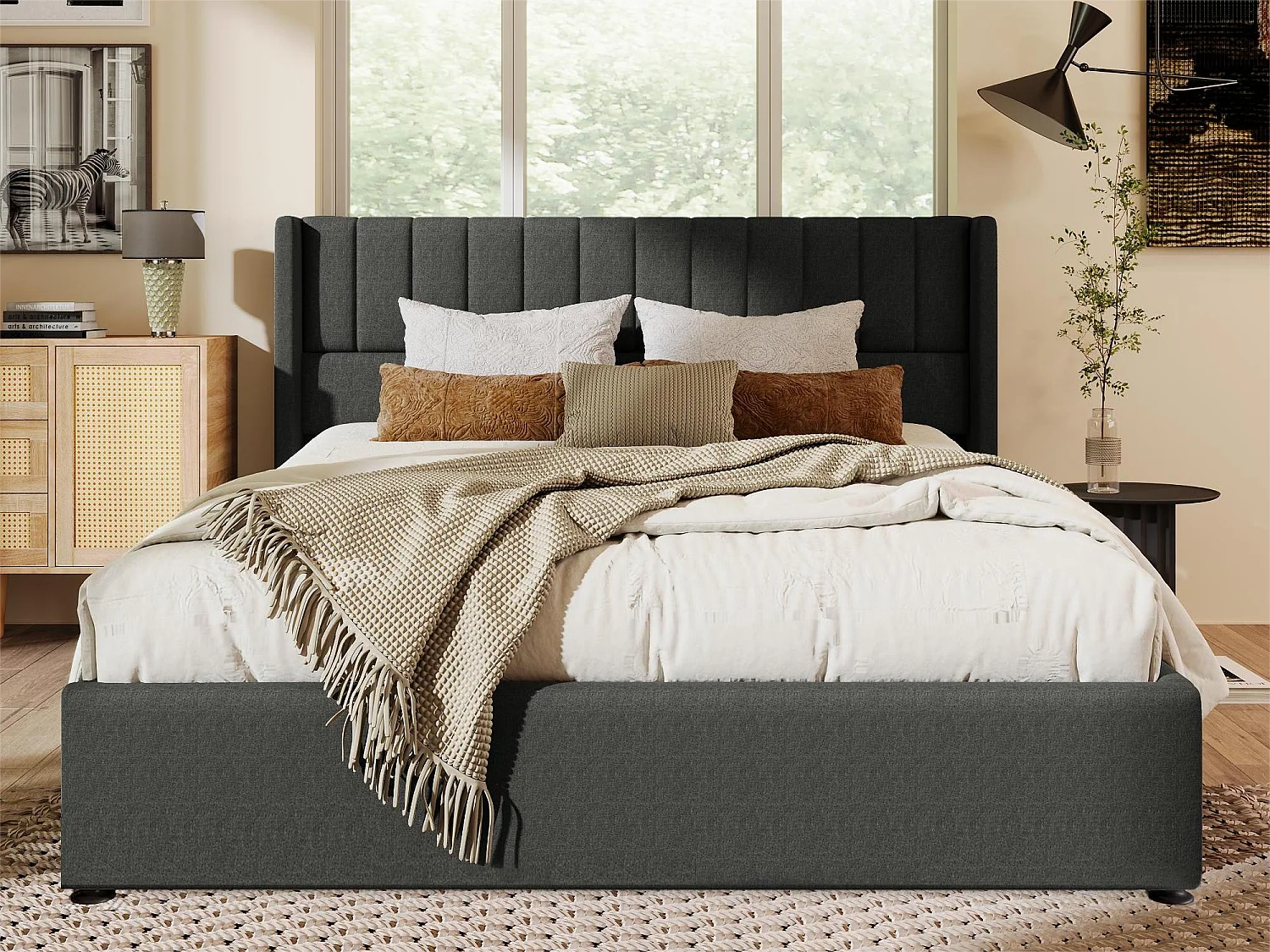 Cama de armazenamento com cabeceira - 160 x 200 cm - tecido de linho - base de ripas de madeira maciça - cinza