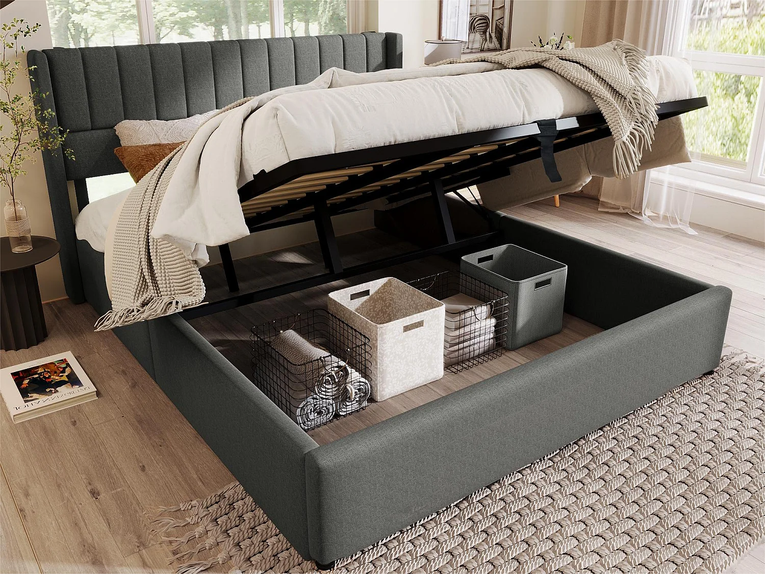 Cama de armazenamento com cabeceira - 160 x 200 cm - tecido de linho - base de ripas de madeira maciça - cinza