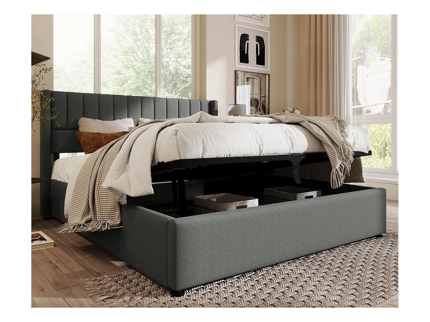 Opbergbed met hoofdeinde - 160 x 200 cm - linnen stof - massief houten lattenbodem - grijs