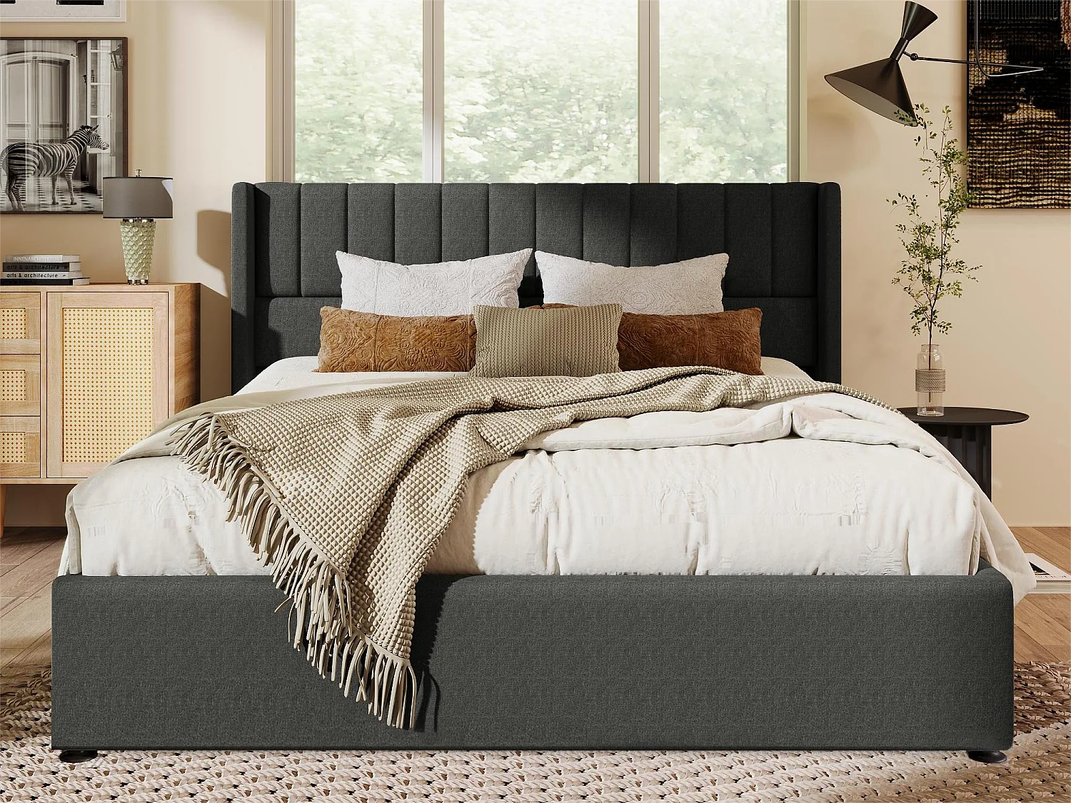 Cama de armazenamento com cabeceira - 160 x 200 cm - tecido de linho - base de ripas de madeira maciça - cinza