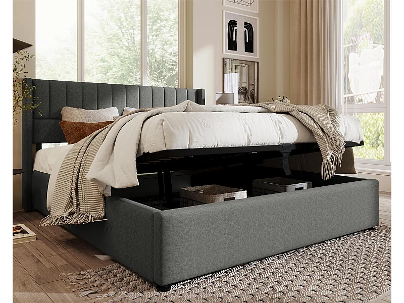 Cama de armazenamento com cabeceira - 160 x 200 cm - tecido de linho - base de ripas de madeira maciça - cinza