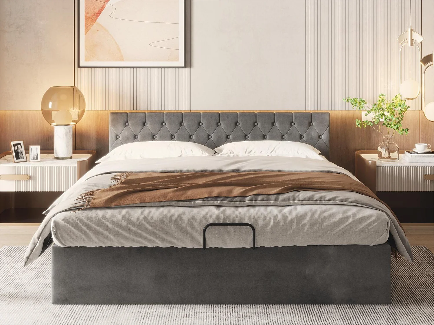 Stauraumbett 180 x 200 cm mit Stauraum – Samt – Lattenrost – graue Farbe