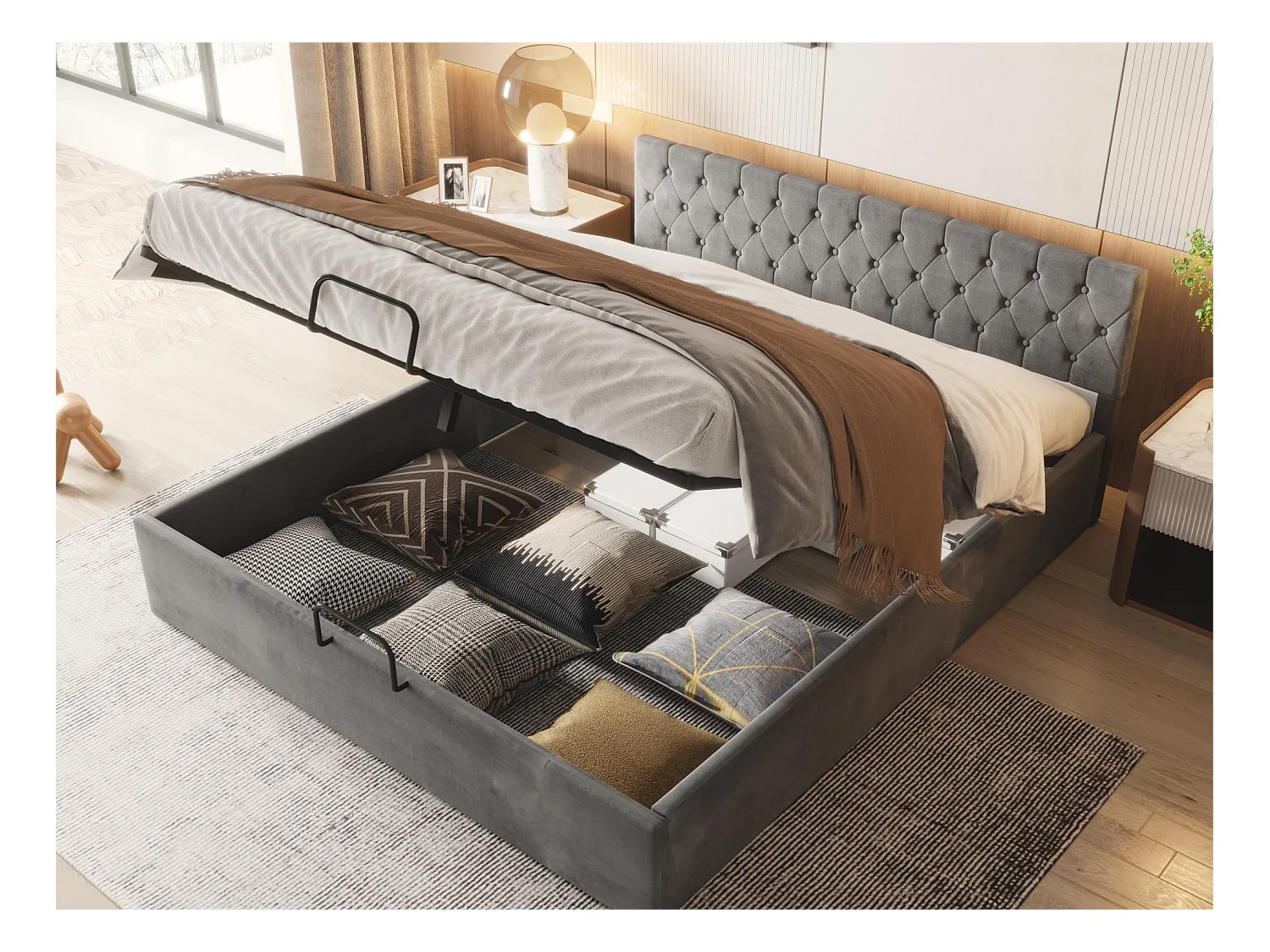 Lit coffre 180 x 200 cm avec rangement - velours - sommier à lattes - coloris gris