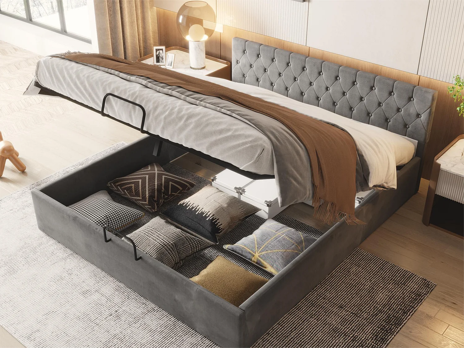 Lit coffre 180 x 200 cm avec rangement - velours - sommier à lattes - coloris gris