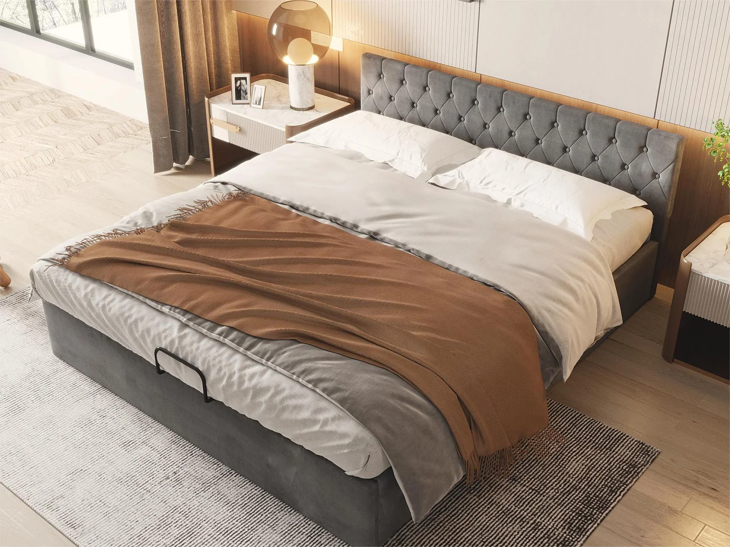 Lit coffre 180 x 200 cm avec rangement - velours - sommier à lattes - coloris gris