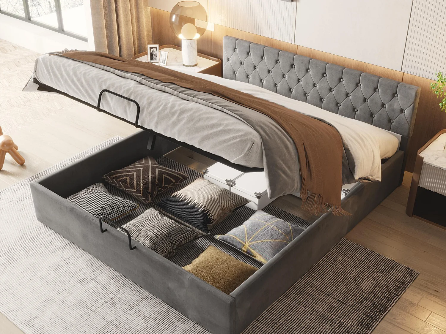 Opbergbed 180 x 200 cm met opbergruimte - fluweel - lattenbodem - kleur grijs