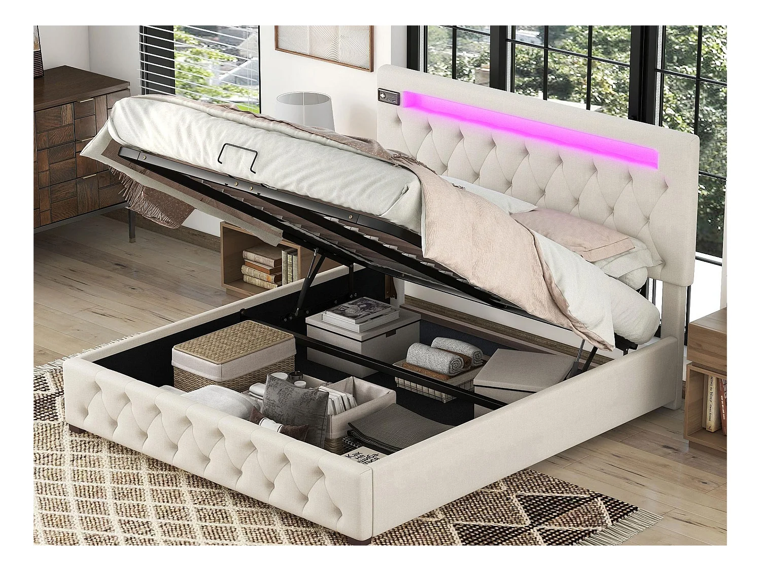 Lit coffre 140x200 cm, Lit double avec LED, USB et Bluetooth, en velours beige moderne, Tête de lit réglable, Espace de rangement