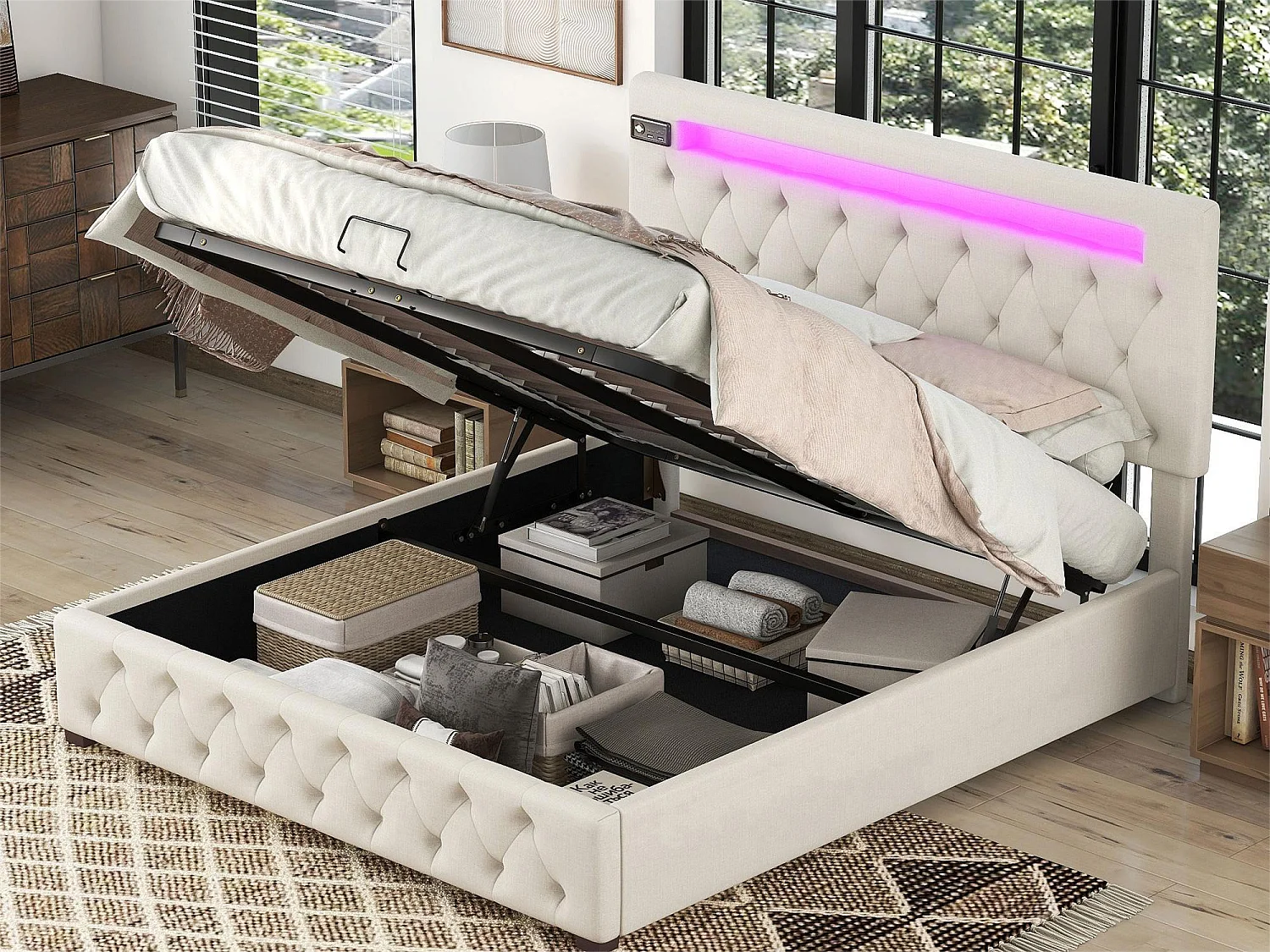 Letto contenitore 140x200 cm, Letto matrimoniale con LED, USB e Bluetooth, in moderno velluto beige, Testiera regolabile, Vano contenitore