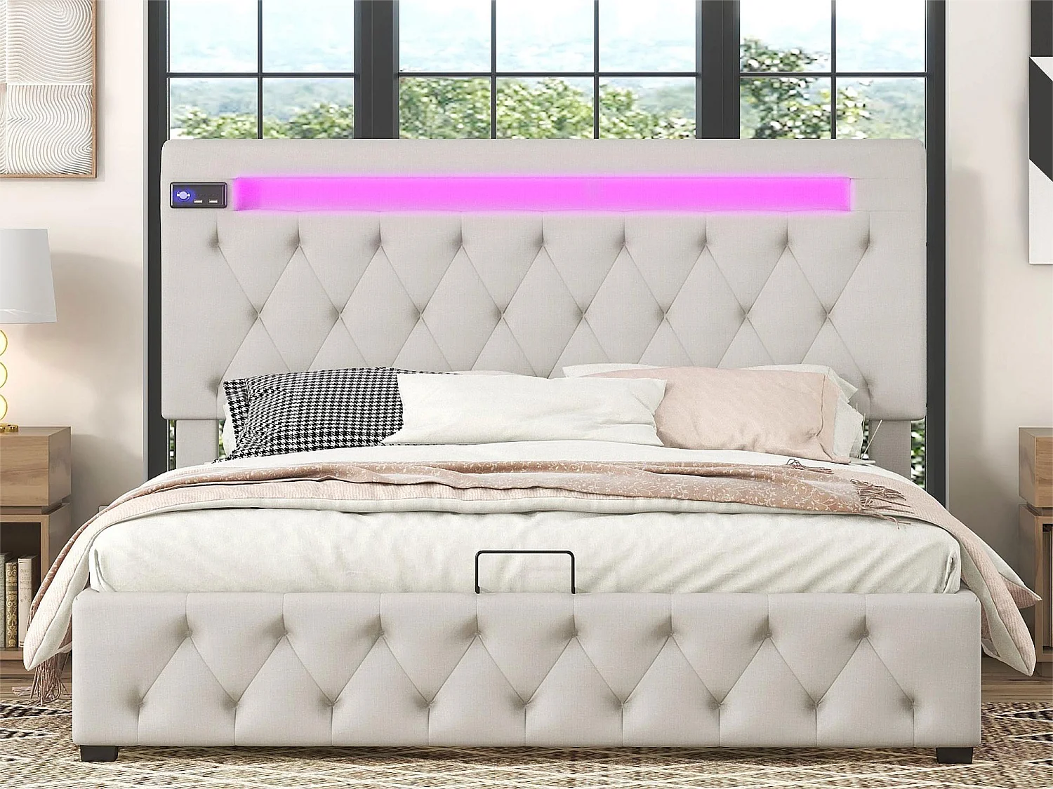 Letto contenitore 140x200 cm, Letto matrimoniale con LED, USB e Bluetooth, in moderno velluto beige, Testiera regolabile, Vano contenitore