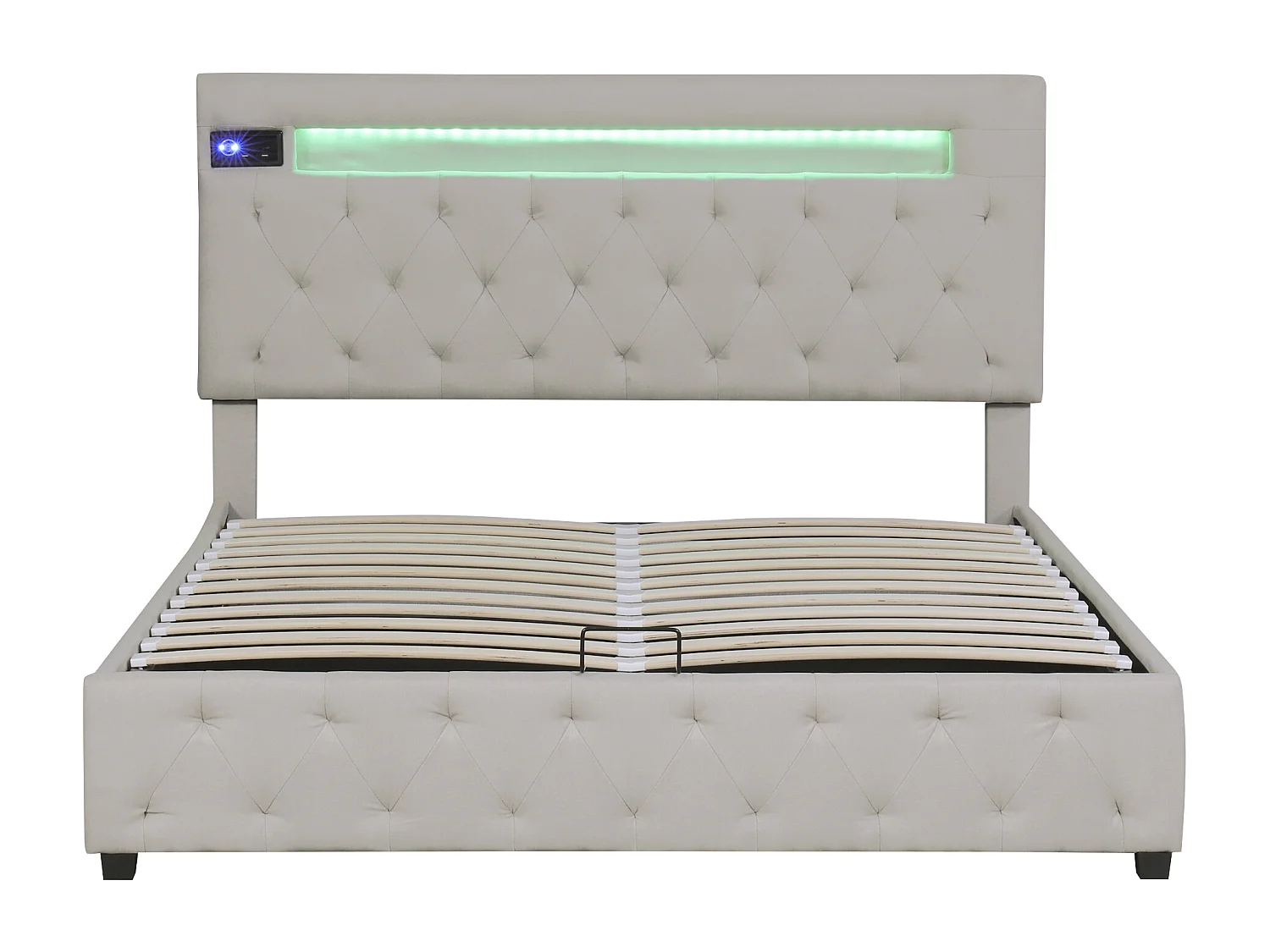 Letto contenitore 140x200 cm, Letto matrimoniale con LED, USB e Bluetooth, in moderno velluto beige, Testiera regolabile, Vano contenitore