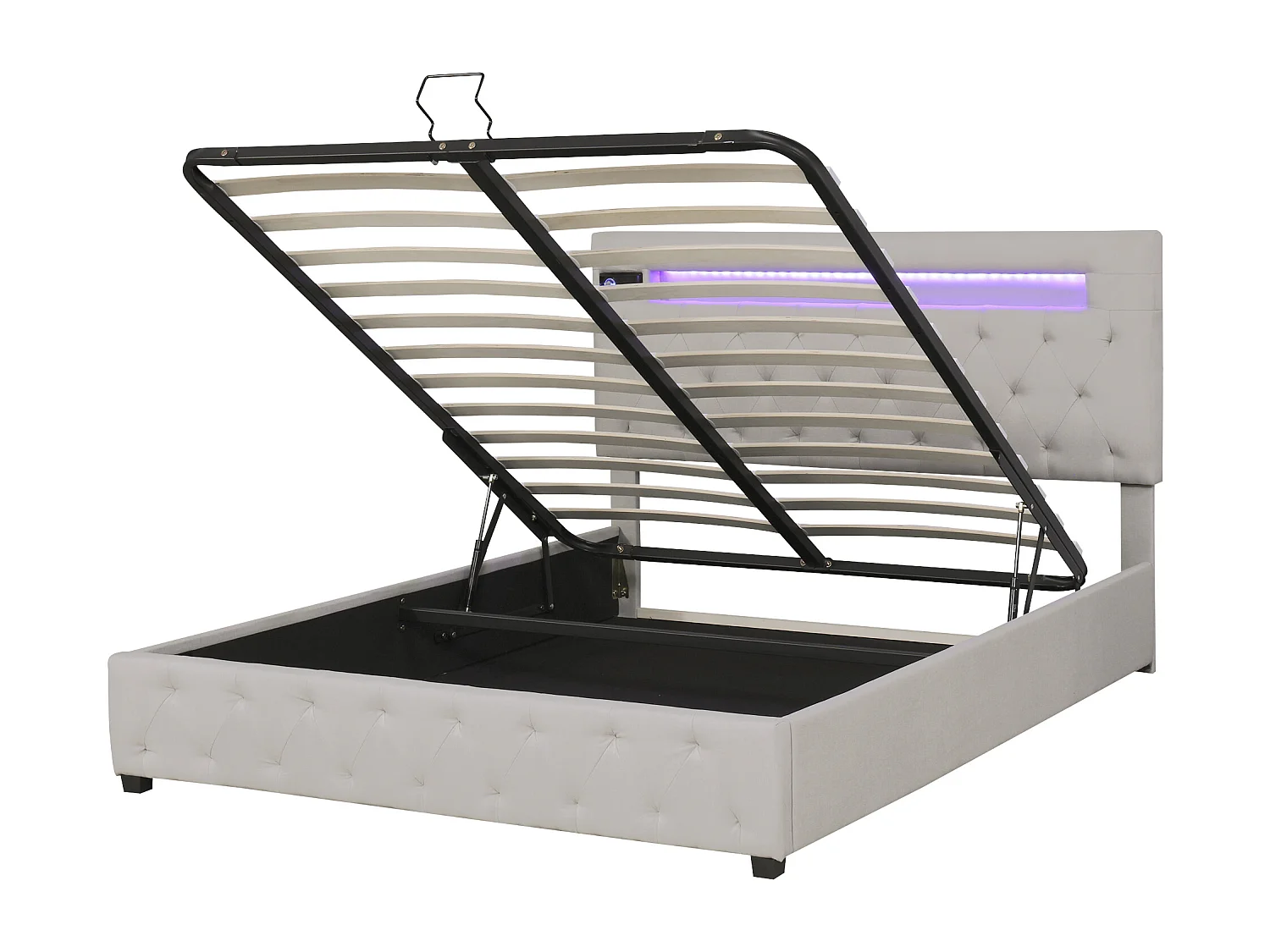 Letto contenitore 140x200 cm, Letto matrimoniale con LED, USB e Bluetooth, in moderno velluto beige, Testiera regolabile, Vano contenitore