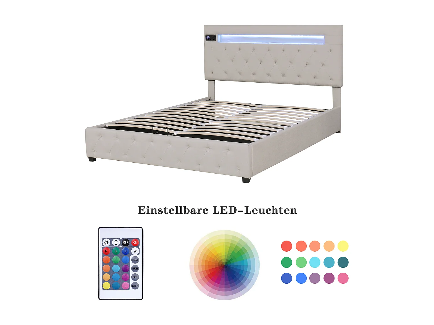 Letto contenitore 140x200 cm, Letto matrimoniale con LED, USB e Bluetooth, in moderno velluto beige, Testiera regolabile, Vano contenitore