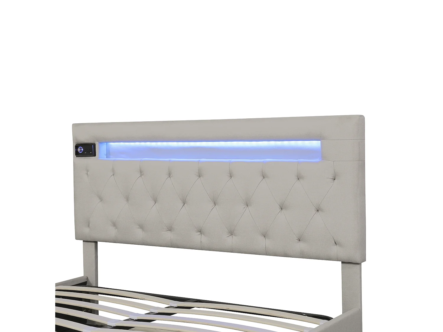 Letto contenitore 140x200 cm, Letto matrimoniale con LED, USB e Bluetooth, in moderno velluto beige, Testiera regolabile, Vano contenitore