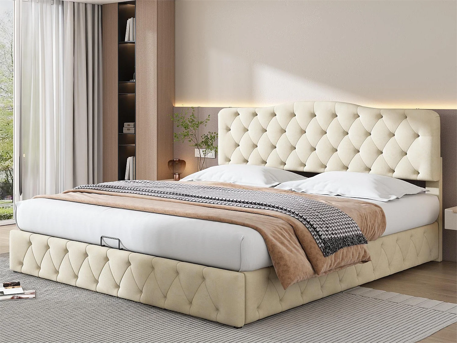 Opbergbed 180 x 200 cm - volwassenenbed - verstelbaar hoofdeinde - houten lattenbodem - fluweel - beige