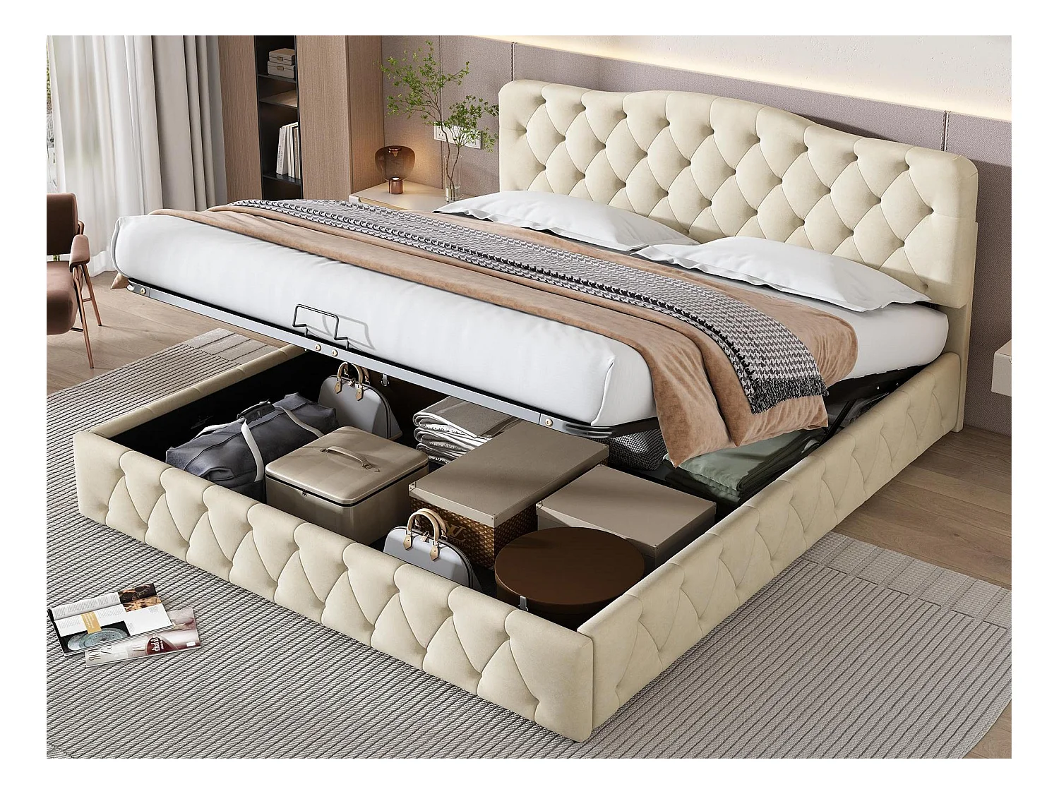 Lit coffre 180 x 200 cm -  lit adulte -  tête de lit réglable - sommier à lattes en bois - en velours - beige