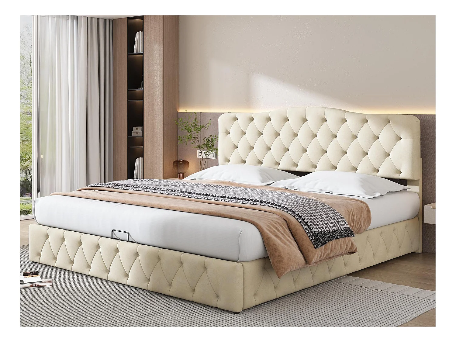 Bett mit Stauraum 180 x 200 cm – Bett für Erwachsene – verstellbares Kopfteil – Lattenrost aus Holz – Samt – Beige