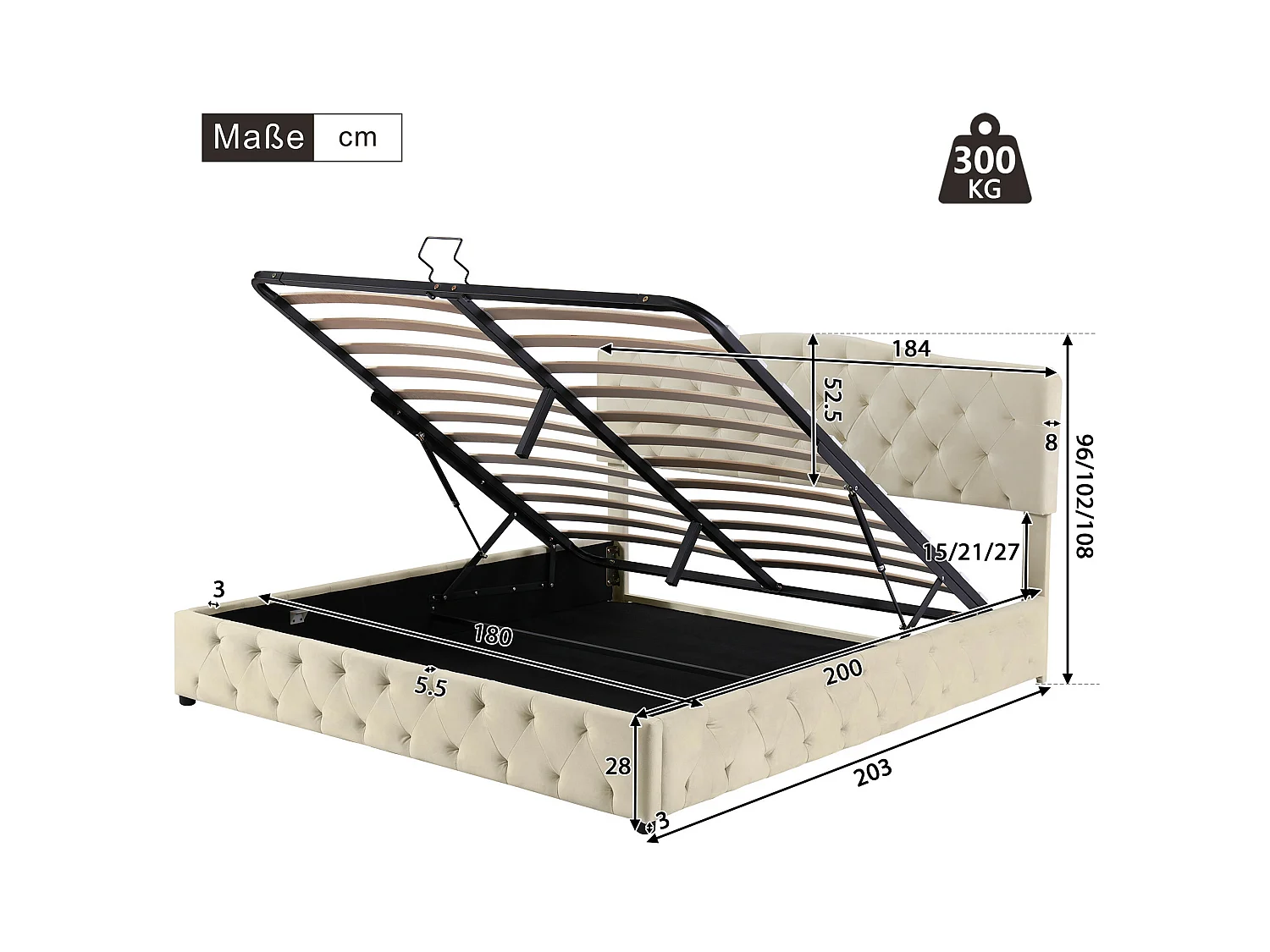 Bett mit Stauraum 180 x 200 cm – Bett für Erwachsene – verstellbares Kopfteil – Lattenrost aus Holz – Samt – Beige