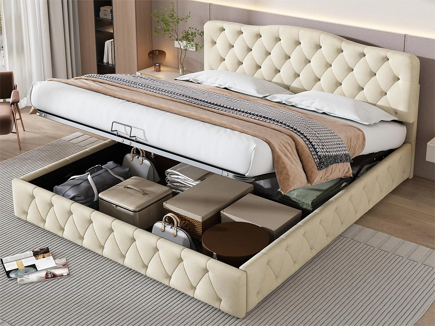 Bett mit Stauraum 180 x 200 cm – Bett für Erwachsene – verstellbares Kopfteil – Lattenrost aus Holz – Samt – Beige