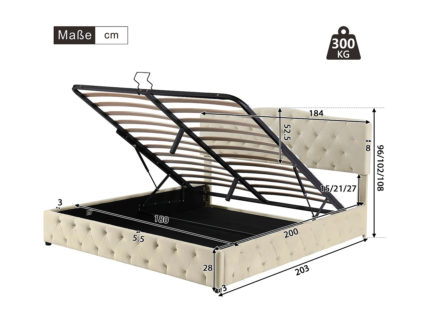 Bett mit Stauraum 180 x 200 cm – Bett für Erwachsene – verstellbares Kopfteil – Lattenrost aus Holz – Samt – Beige