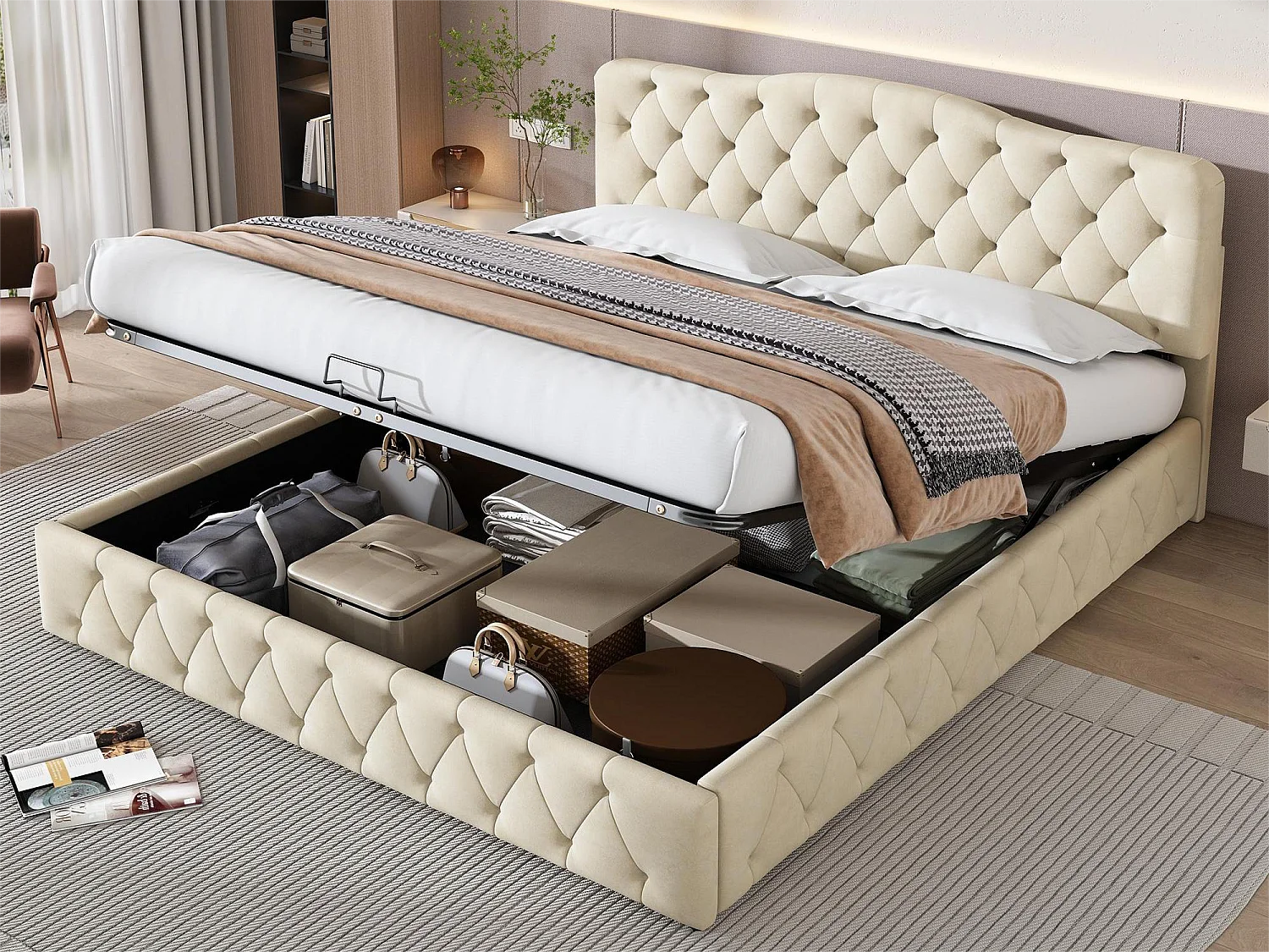 Opbergbed 180 x 200 cm - volwassenenbed - verstelbaar hoofdeinde - houten lattenbodem - fluweel - beige