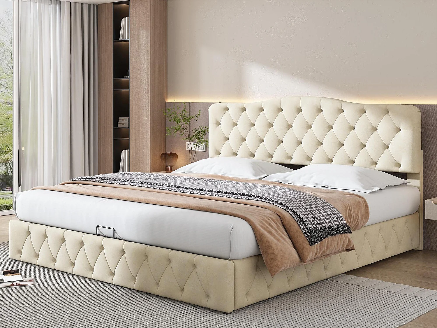 Opbergbed 180 x 200 cm - volwassenenbed - verstelbaar hoofdeinde - houten lattenbodem - fluweel - beige