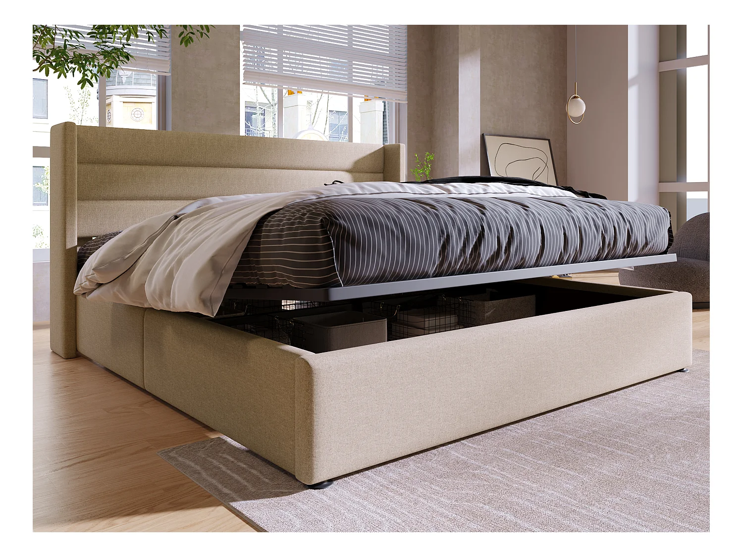 Lit coffre avec coffre de rangement - 140 x 200 cm - tissu lin - sommier à lattes - coloris beige