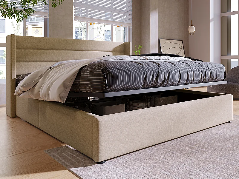 Letto contenitore con box contenitore - 140 x 200 cm - tessuto in lino - rete a doghe - colore beige