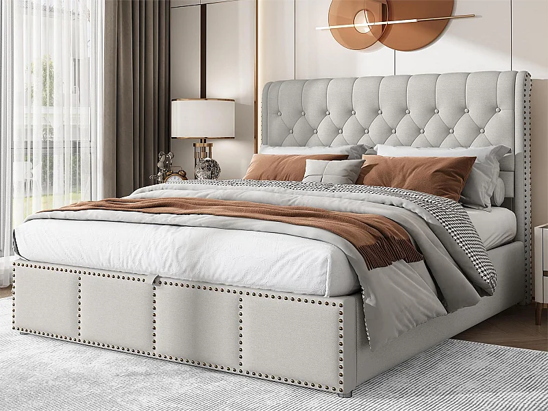 Lit coffre avec tête de lit - 140 x 200 cm - coton-lin - sommier à lattes -  style contemporain - gris blanc