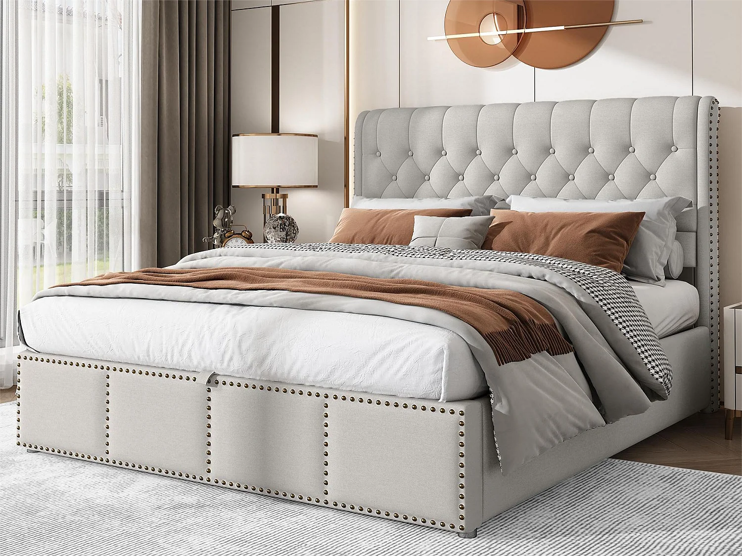 Cama contenedor con cabecero - 140 x 200 cm - lino y algodón - somier de láminas - estilo contemporáneo - gris blanco