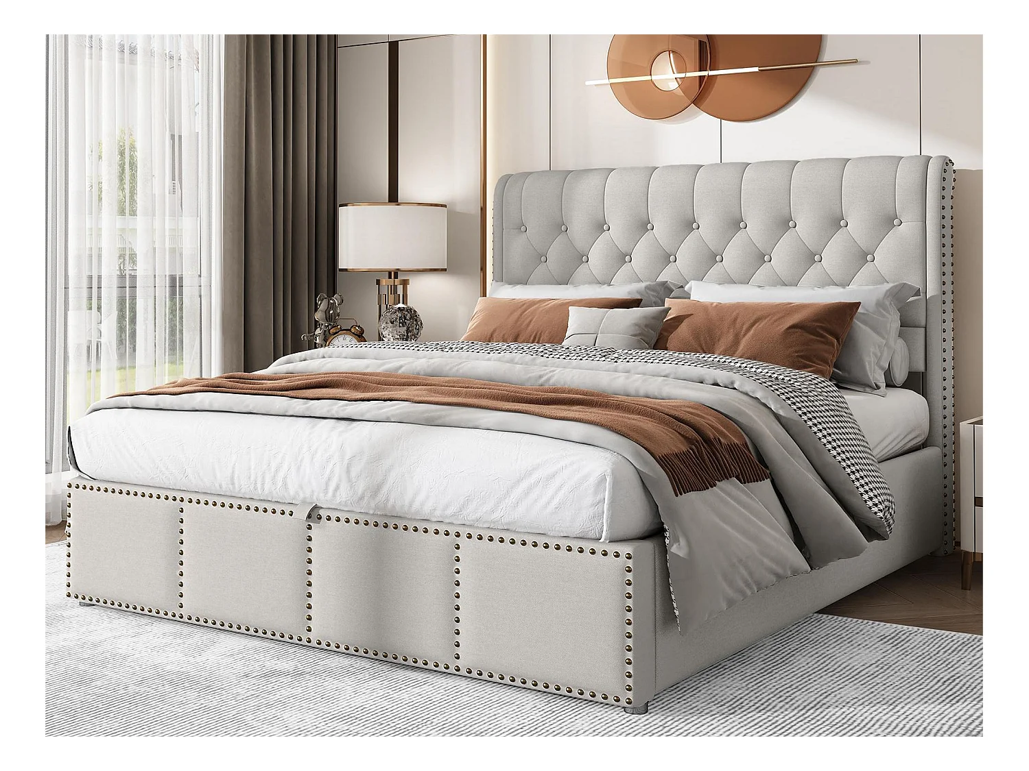 Opbergbed met hoofdeinde - 140 x 200 cm - katoen-linnen - lattenbodem - eigentijdse stijl - grijswit