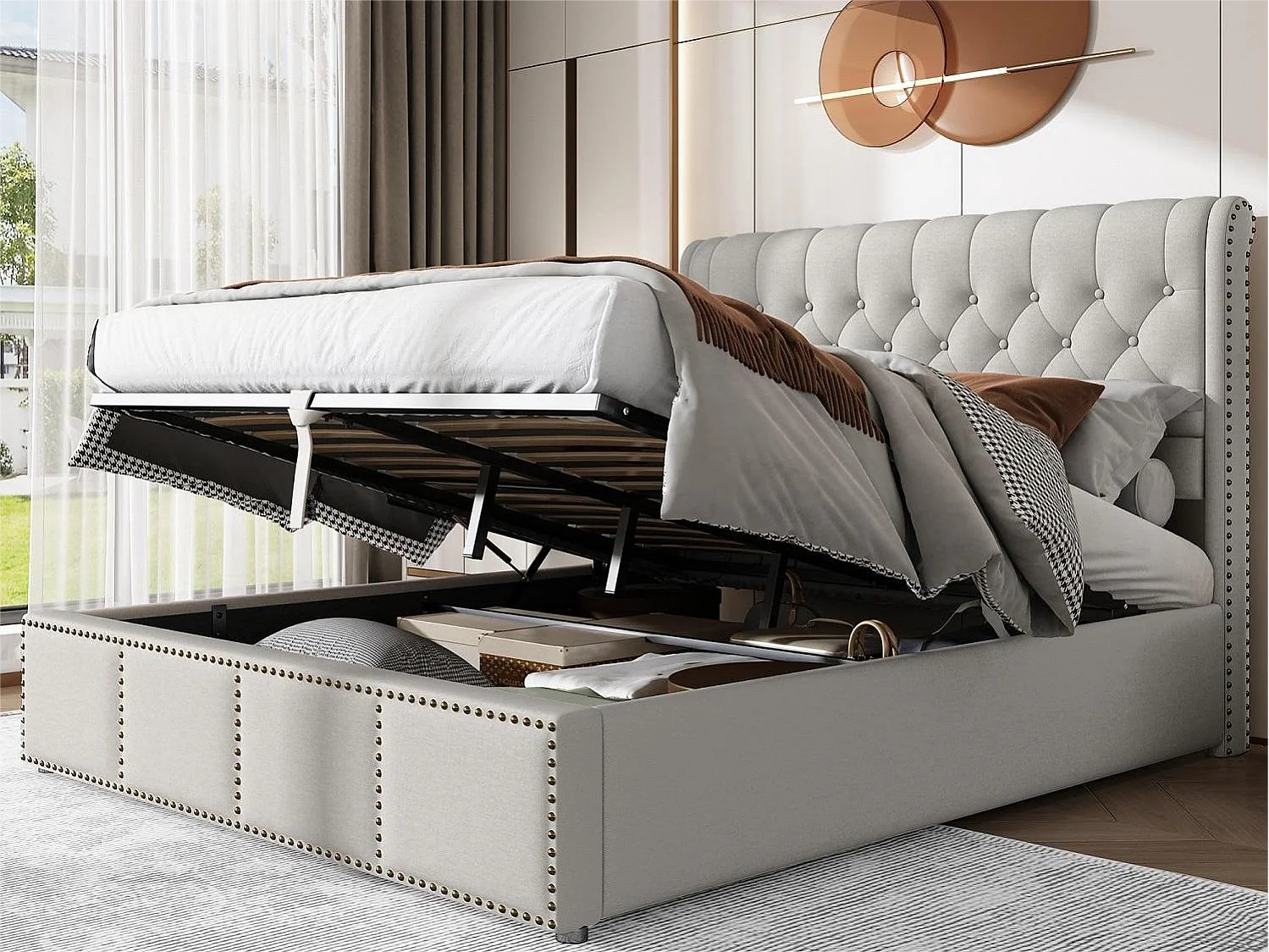 Cama de arrumação com cabeceira - 140 x 200 cm - linho de algodão - base de ripas - estilo contemporâneo - cinza branco