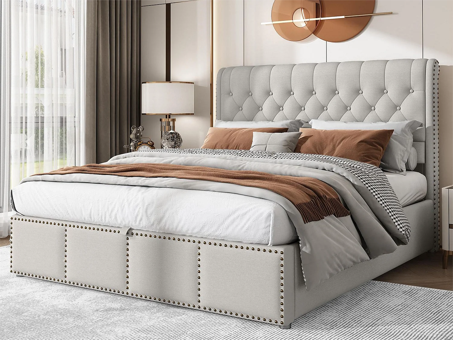 Cama contenedor con cabecero - 140 x 200 cm - lino y algodón - somier de láminas - estilo contemporáneo - gris blanco