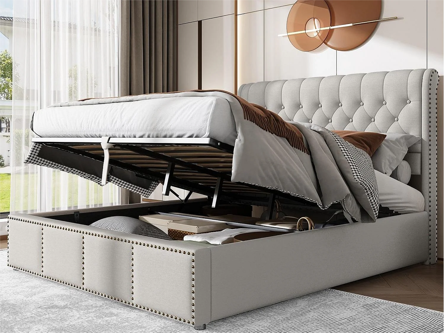 Cama contenedor con cabecero - 140 x 200 cm - lino y algodón - somier de láminas - estilo contemporáneo - gris blanco