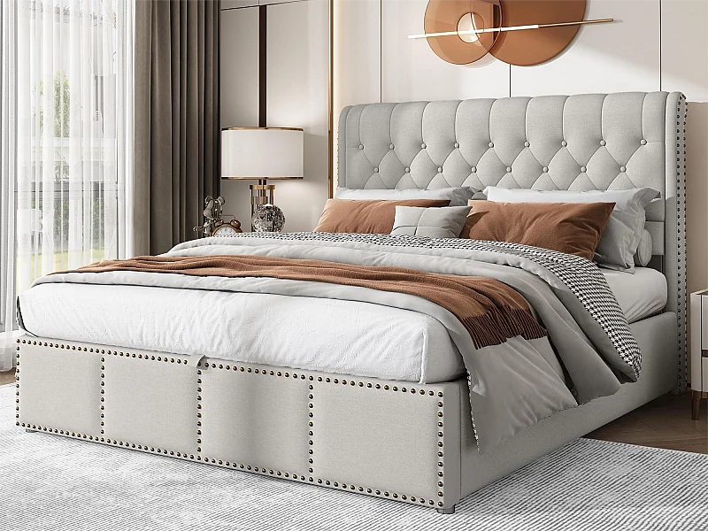 Cama contenedor con cabecero - 140 x 200 cm - lino y algodón - somier de láminas - estilo contemporáneo - gris blanco