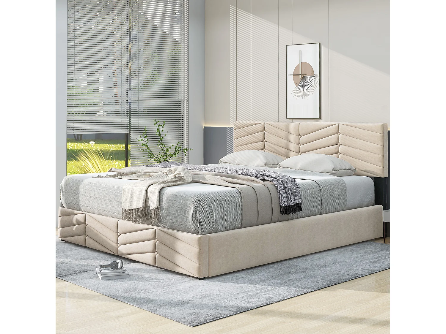 Doppelbett mit Stauraum 140x200 cm, Streifenstil, höhenverstellbares Kopfteil, Beige