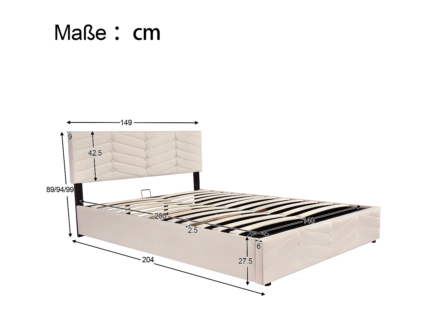 Doppelbett mit Stauraum 140x200 cm, Streifenstil, höhenverstellbares Kopfteil, Beige