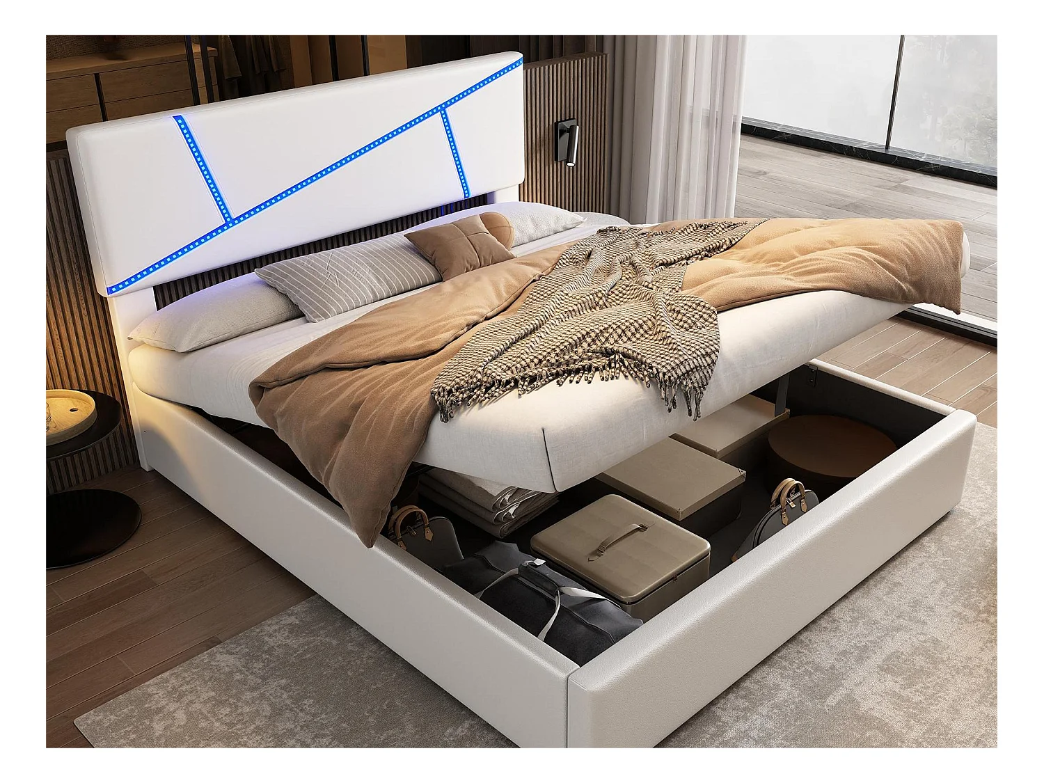 Opbergbed met hoofdeinde - 160 x 200 cm - kunstleer - LED - lattenbodem - moderne stijl - wit