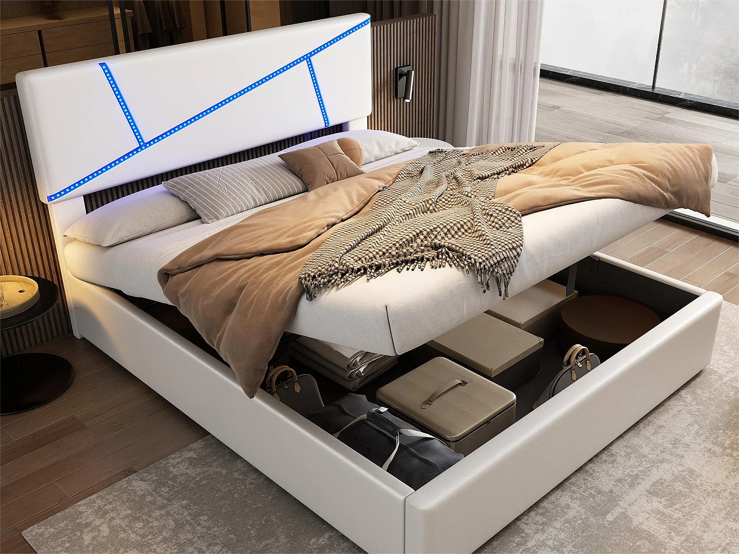 Letto contenitore con testiera - 160 x 200 cm - similpelle - LED - rete a doghe - stile moderno - bianco