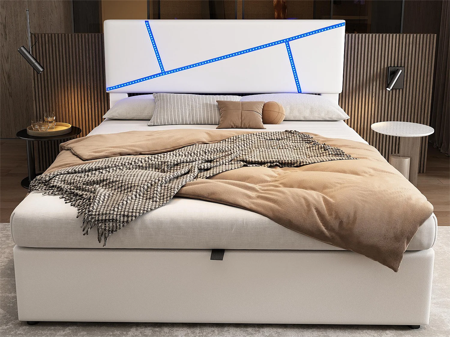 Letto contenitore con testiera - 160 x 200 cm - similpelle - LED - rete a doghe - stile moderno - bianco