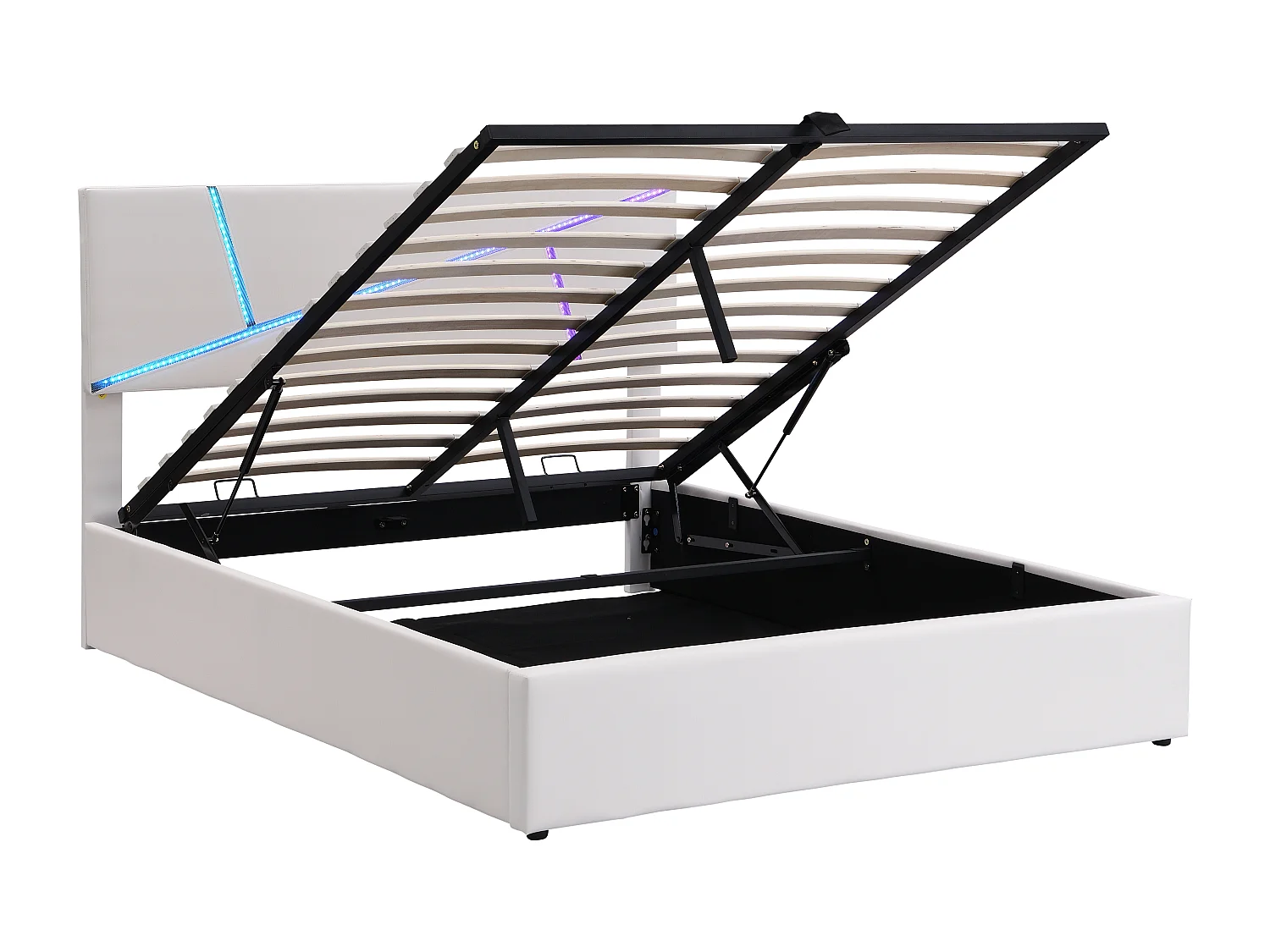 Letto contenitore con testiera - 160 x 200 cm - similpelle - LED - rete a doghe - stile moderno - bianco